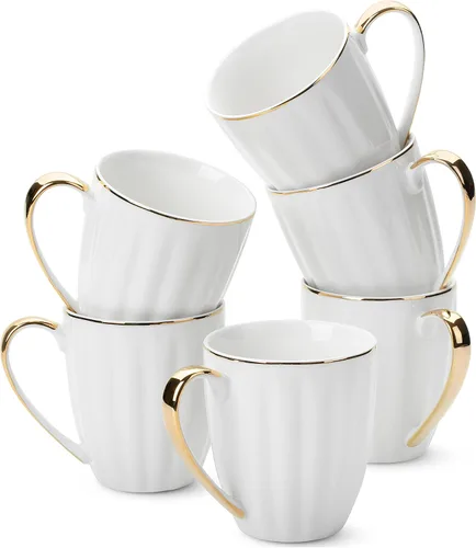 BTaT - Juego de 6 tazas de café blancas (12 onzas), juego de tazas de café blancas de porcelana con diseño de ribete dorado, regalos de Navidad