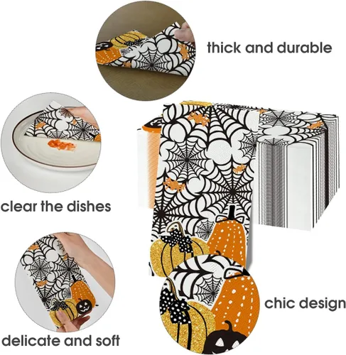 Miniatura 5 de Horaldaily 100 servilletas decorativas de papel desechables de Halloween, con temática aterradora, calabazas, toalla de mano para fiestas, almuerzo