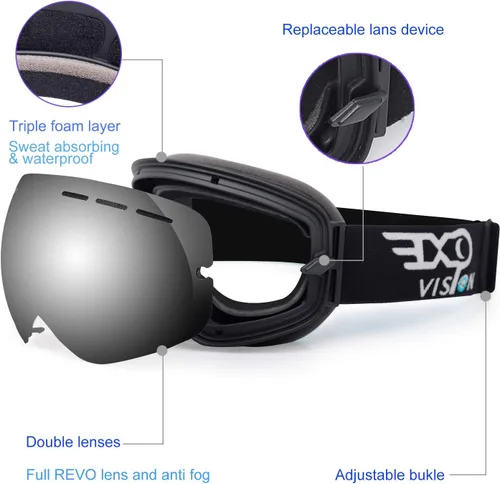 Miniatura 3 de EXP VISION Gafas de esquí de snowboard para hombres, mujeres y jóvenes, antiempañamiento OTG, gafas de nieve de invierno, lentes desmontables