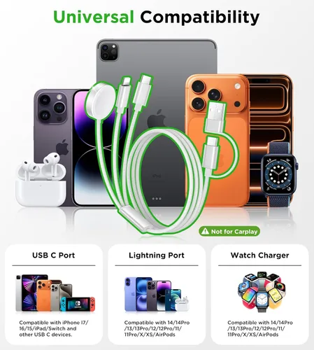 Miniatura 2 de Esenciales de viaje para cargador de Apple Watch, cargador de iPhone, cable de carga de viaje 3 en 2 tipo C/Lightning/magnético, cable de carga