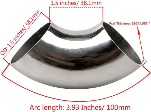 Miniatura 2 de Codo de acero inoxidable de 1.5" y 90° de curvatura de mandril - Grosor 16GA/.065" Material de pared SS304 Adecuado para codo de escape modificado