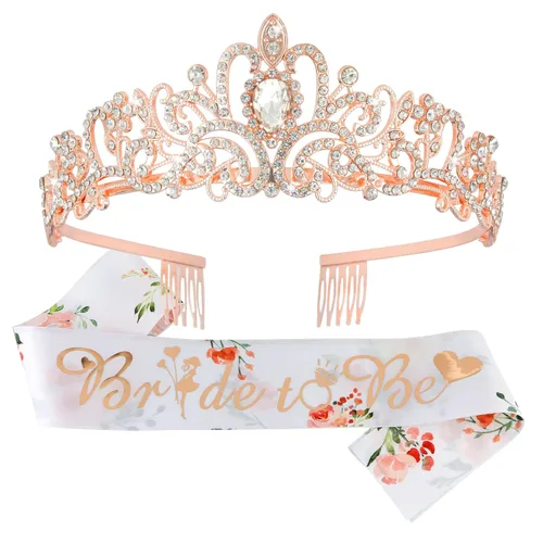 Miniatura 20 de Kit de corona de novia y corona de novia, decoraciones de CIEHER para despedida de soltera, oro rosa, corona de princesa para mujeres y niñas