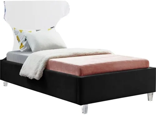 Meridian Furniture Colección Ghost Modern | Cama tapizada de terciopelo contemporánea con cabecera y patas acrílicas, tamaño individual, color negro
