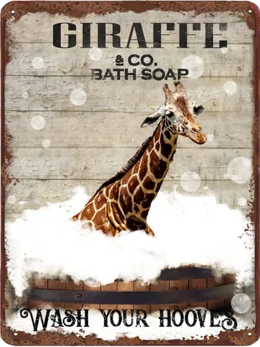 Cartel de metal divertido de jirafa para baño, diseño retro de cabra para pared, póster de inodoro con texto "Wash Your Hooves", letrero de hojalata