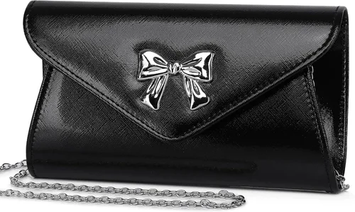 Miniatura 10 de Gurina Bolso de mano de noche con detalle de lazo, elegante bolsa de fiesta de piel sintética brillante con cadena desmontable para boda y baile