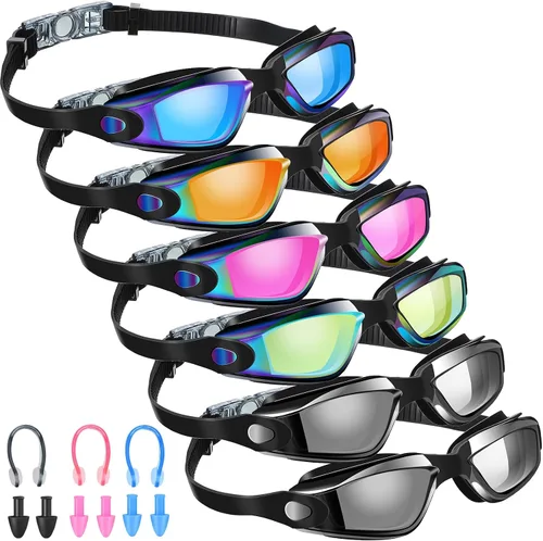 Miniatura 8 de Flutesan Paquete de 6 gafas de natación para adultos y niños, anti niebla, con tapones para los oídos, clip para la nariz, sin fugas, protección
