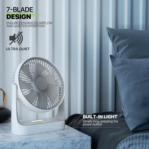 Miniatura 6 de Magshion Ventilador de escritorio USB de 7 pulgadas, ventilador de mesa de batería recargable 3 en 1 de 4000 mAh con luz nocturna, ángulo