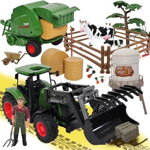 Miniatura 8 de Peagprav Juego de juguetes de tractor de animales de granja - tractor de 16.5 pulgadas con remolque, valla, granjero, árbol, vaca, juego de juguetes