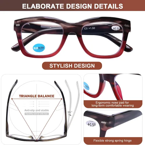 Miniatura 5 de AQWANO Oversized Design Reading Glasses Women/Men, Computer Blue Light Blocking Square Readers Paquete de 2 (C2/C3 marrón/rojo)