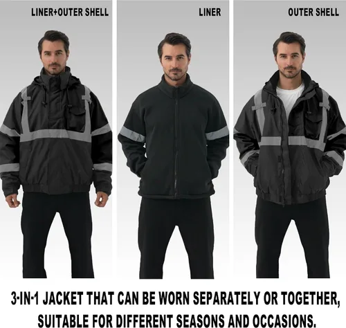 Miniatura 4 de Chaqueta de seguridad 3 en 1, chaqueta reflectante de alta visibilidad, chaqueta bomber Hi Vis, forro polar, impermeable, ANSI Clase 3, negro, S
