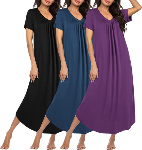 Miniatura 8 de Ekouaer Paquete de 3 camisones largos para mujer, talla grande, vestido de casa de manga corta, cuello en V, camisón casual, M-5XL