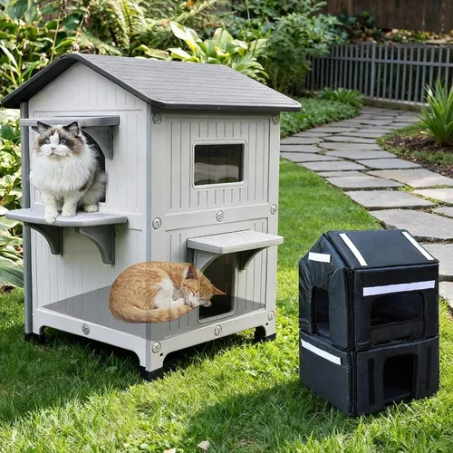 Miniatura 13 de Rockever Casa de gatos al aire libre de plástico con forro aislado, 100% casas de gatos al aire libre aisladas para invierno, refugio para gatos al