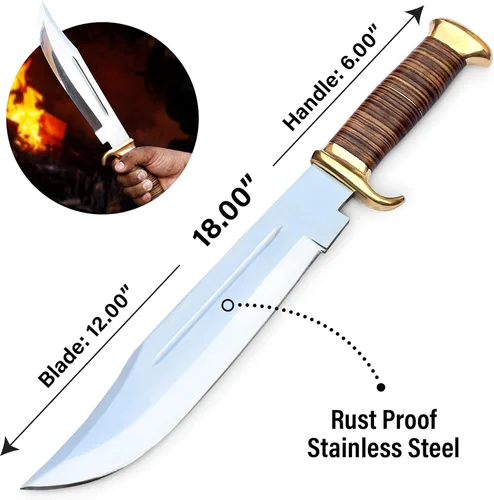 Miniatura 2 de Cuchillo Bowie grande con funda – Cuchillo Bowie gigante de 18 pulgadas, cuchillo de acero D2 resistente, hermoso cuchillo de hoja fija con mango