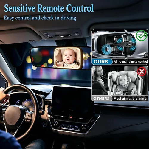 Miniatura 3 de Espejo de coche recargable para bebé con luz – Espejo para bebé en coche con control remoto, espejo de coche para bebé estable gancho clip