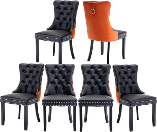 Miniatura 67 de Juego de 2 sillas de comedor de terciopelo, silla de comedor tapizada de alta gama con tirador de anillo en la espalda, adorno de clavos y patas