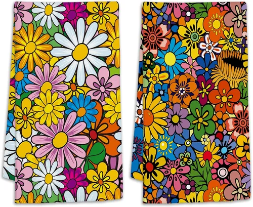 Juego de 2 toallas de mano de flores vintage florales de los años 70, toallas de baño suaves para invitados, paño de secado absorbente, toalla de