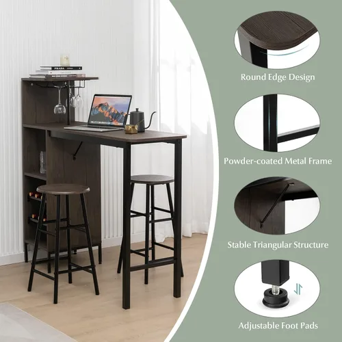 Miniatura 2 de Giantex Juego de mesa de bar y taburetes de 3 piezas, juego de mesa de bistró con soporte para vidrio, estante de vino de 2 niveles y estantes