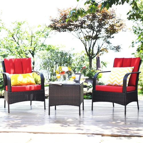 Tangkula - Juego de muebles de jardín de 3 piezas, 2 sillas de mimbre con mesa de centro con cubierta de cristal, para el jardín, al aire libre, Rojo