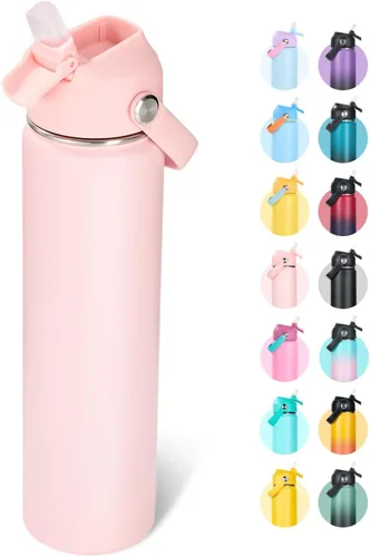Miniatura 36 de Fijinhom Botella de agua aislada de acero inoxidable de 18 oz, de boca ancha, de doble pared, con vacío, con pajita de silicona, a prueba de sudor