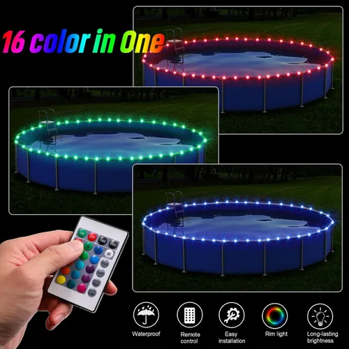 Miniatura 2 de Luces LED de piscina para piscinas sobre el suelo, luces de borde sumergibles de control remoto de 15 pies, caja de batería C, cambio de color de 16