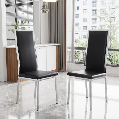 Miniatura 13 de Juego de 4 sillas de comedor modernas, de piel sintética blanca con patas de metal cromado dorado, diseño de respaldo alto curvo y acolchado