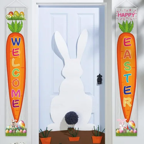Miniatura 7 de 2 pancartas de tela para puerta de Pascua, huevos de Pascua, zanahoria, conejo, conejo, puerta colgante, porche, bandera colgante de bienvenida