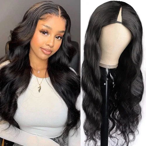 Miniatura 20 de Pelucas con camino en V ondulada de cabello humano virgen brasileño para mujeres negras; mejora de pelucas con camino en U, sin pegamento, con clip