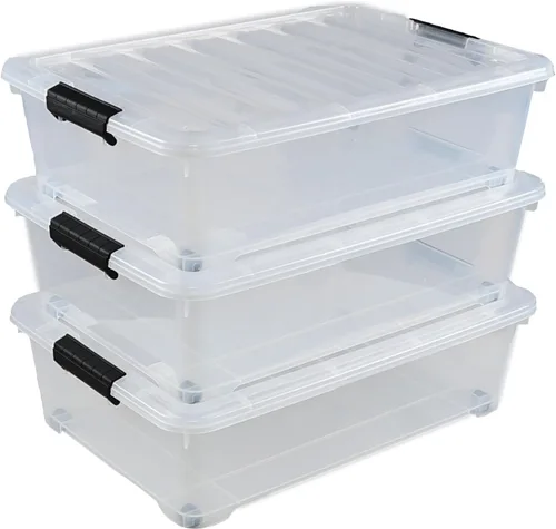 Zopnny Contenedor organizador de plástico de 25 cuartos de galón para debajo de la cama, con tapas seguras y hebillas duraderas, transparente,