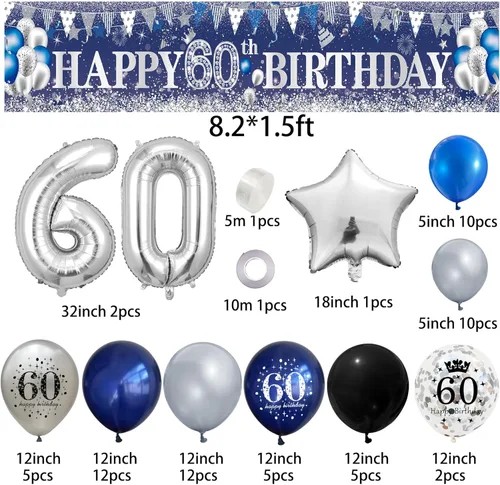 Miniatura 2 de Decoraciones de fiesta de cumpleaños 60, azul marino, plateado, pancarta de feliz cumpleaños 60 con 61 globos de látex, globos de aluminio