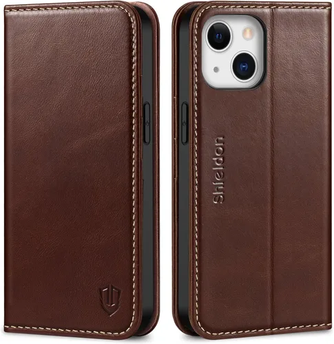 Miniatura 11 de SHIELDON Funda tipo cartera para iPhone 13 de 6.1 pulgadas, estuche tipo folio de piel auténtica con función atril y bloqueo RFID, ranuras para Rojo