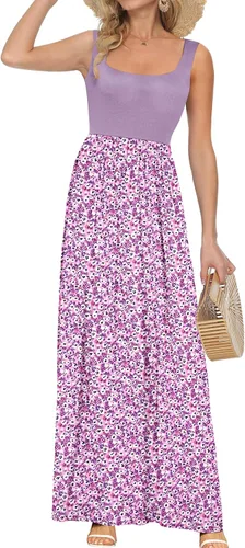Miniatura 10 de AUSELILY Vestido largo con cuello cuadrado para mujer, sin mangas, floral, holgado, con bolsillos