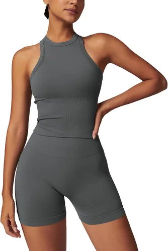 Miniatura 19 de Conjuntos de entrenamiento para mujer, 2 piezas, sin costuras, acanalada, sin mangas, brasier deportivo, cintura alta, pantalones cortos