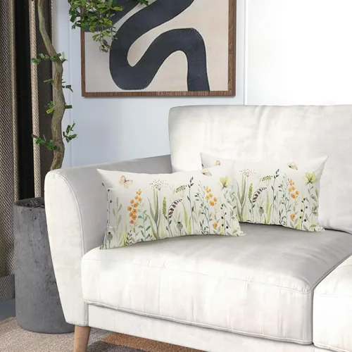 Miniatura 6 de Kawani Fundas de almohadón lumbar florales para primavera y verano de 12x20 pulgadas, flores silvestres amarillas y hojas verdes con mariposas
