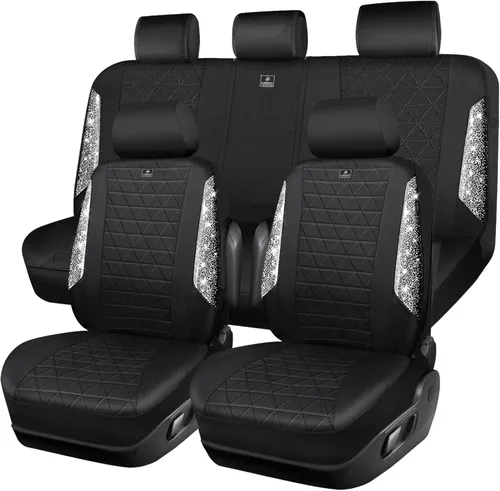 Miniatura 33 de CAR PASS Fundas de asiento de automóvil de cuero con diamantes brillantes, juego de asientos interiores de asientos completos, impermeable, Plateado