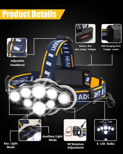 Miniatura 2 de Linterna frontal recargable, linterna frontal LED de 8 LED 18000 lúmenes 8 modos con luces blancas y rojas cable USB, lámpara de cabeza impermeable
