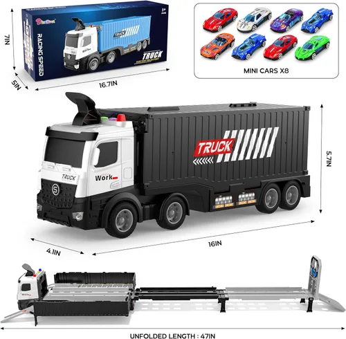 Miniatura 2 de Camión de carreras para niños, juguete plegable de 3 capas para niños, camión de juguete para transportar autos y 8 autos de carreras, juguetes