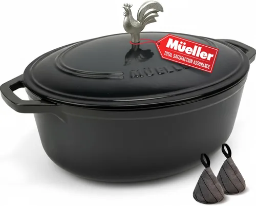 Miniatura 19 de MÜELLERHOME Horno holandés de hierro fundido esmaltado, 6 cuartos de galón, resistente, cazuela con tapa y perilla de acero inoxidable, para todas