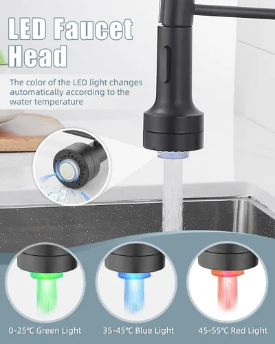Miniatura 3 de Llave de cocina negra con luz LED, llave de cocina con dispensador de jabón, llave para fregadero de cocina, llave de cocina de acero inoxidable