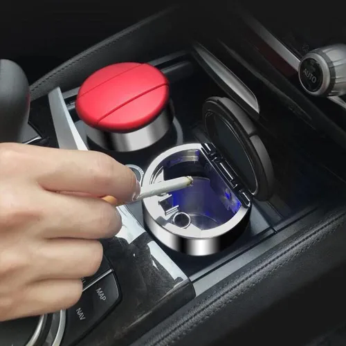 Miniatura 2 de Cenicero de automóvil con tapa, cenicero portátil para automóvil, bandeja de cenizas sin humo de acero inoxidable con luz LED, cenicero automotriz