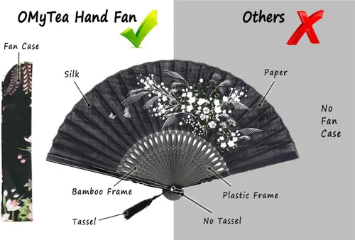 Miniatura 6 de OMyTea, abanico desplegable con motivo de flores de yuyos (8.27 pulgadas - 21 centímetros) con funda de tela para protección, estilo chino/japonés