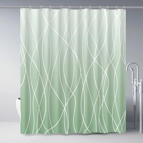 Miniatura 13 de Juego de cortinas de ducha azul egeo para baño con ganchos, cortinas de baño decorativas repelentes al agua y lavables con rayas blancas, 72 x 72