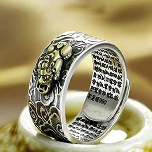 Miniatura 2 de JAJAFOOK Anillo de plata 990 FENG Shui antiguo Xiangyun PIXIU MANI Amuleto Anillo Lucky Wealth Budista Mantra Joyería, ajustable, Metal, Zirconia