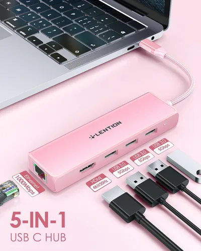 Miniatura 2 de LENTION Concentrador USB C con puerto Gigabit Ethernet, pantalla HDMI 4K, 3 puertos USB-A USB 3.0 para MacBook Pro, MacBook Air, Dell, Lenovo, Oro