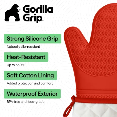 Miniatura 2 de GORILLA GRIP Guantes de horno de silicona suave sin BPA, 14.5 x 8.3, resistentes al calor e impermeables, forro de algodón grueso, agarre flexible