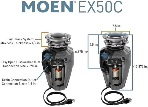 Miniatura 7 de Moen Gray EX Series Prep Series - Eliminador de basura de 1/2 caballos de fuerza, EX50C