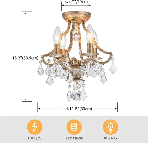 Miniatura 3 de LumFurn Lámpara de Techo de Cristal K9 Moderna de Mediados de Siglo de 4 Luces para Sala de Estar, Vestíbulo, Dormitorio, Lámpara de Montaje