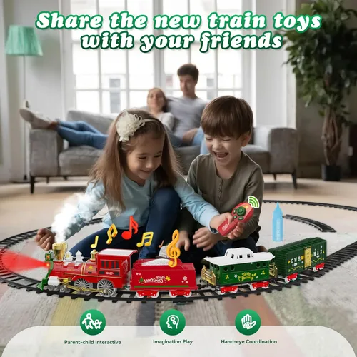 Miniatura 5 de Hot Bee Juego de tren de Navidad con control remoto, juguetes de tren con humo, luces y sonido, juegos de tren de Navidad para alrededor del árbol