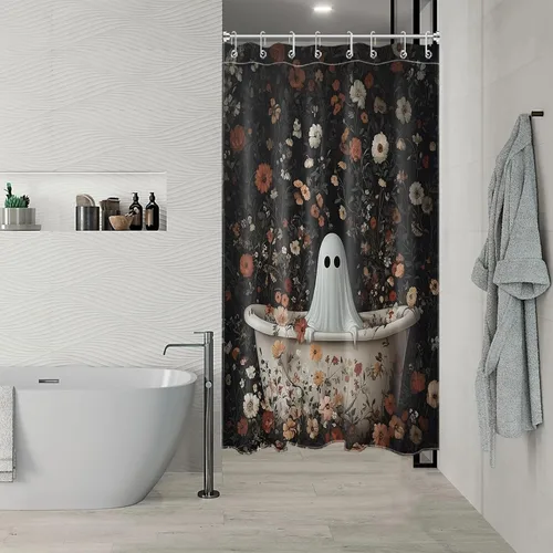 Miniatura 3 de LB Cortina de ducha pequeña de fantasma de Halloween de 48 x 68 pulgadas, forro de cortina de ducha de tamaño medio floral naranja, divertidas
