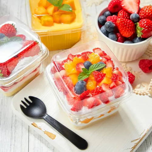 Miniatura 7 de TOFLEN 100 tazas cuadradas de plástico para postre de 8 onzas con tapas y tenedores, vasos de plástico transparente para yogur, parfait para mousse