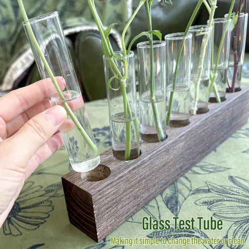 Miniatura 6 de KAXYEW Estación de Propagación de Plantas de Escritorio de Vidrio con Tubo de Ensayo, Terrario de Plantas en Soporte de Madera para Plantas Marrón
